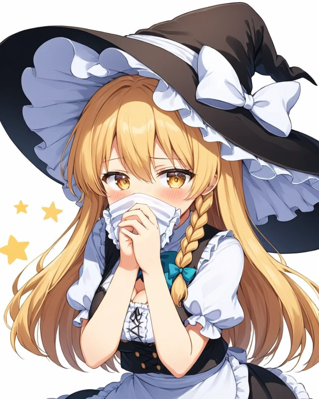 kirisame marisa,1girl, witch_hat, blush, solo, white_background, simple_background, short_sleeves, looking_away, covering_mouth, breasts, frills, star_\(symbol\), single_braid, holding, embarrassed, black_headwear, alternate_hairstyle, waist_apron, puffy_sleeves, bow
<lora:kirisame_marisa_image6213_2023-12-11-000007:1>,star-shaped_pupils,symbol-shaped_pupils,. gorgeous,key visual, vibrant, studio anime,award-winning, professional, highly detailed,high budget, cinemascope