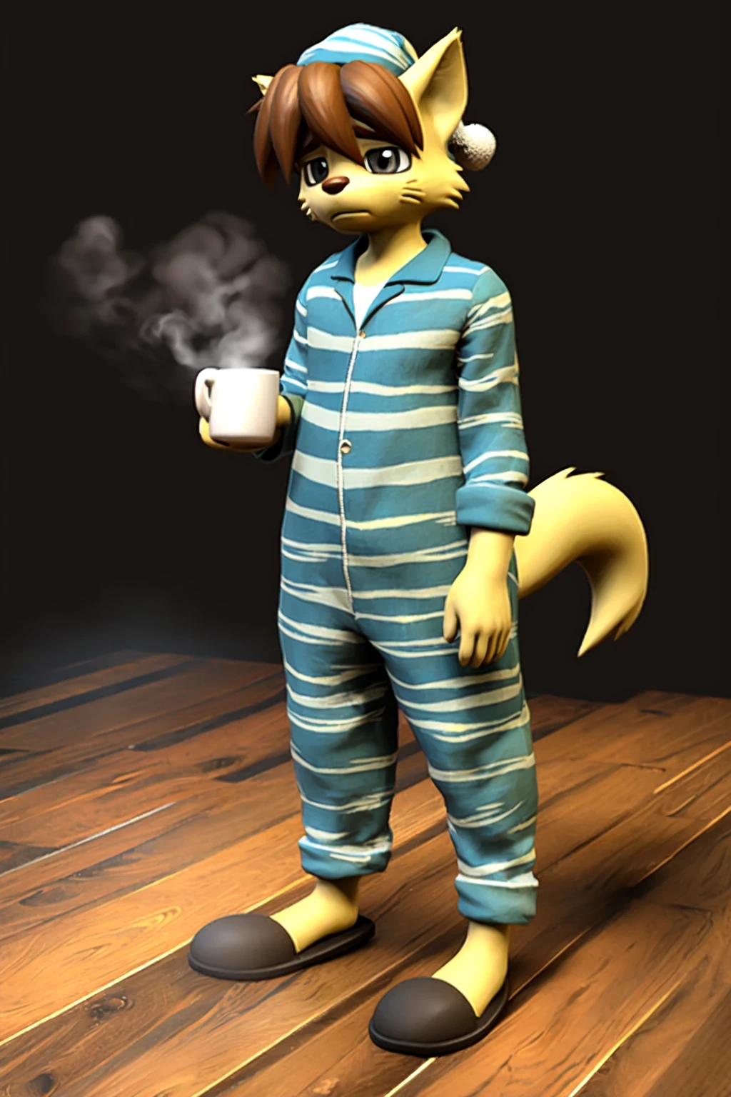 waffletc, 1boy, solo, realistic, 3d (artwork), furry male, dog boy, striped pajamas, nightcap, slippers, vertical stripes, eyebags, (sleepy, eyes half-closed, :<, grumpy, holding coffee, mug:1.1), standing, walking, leaning forward, steam, animal nose, animal ears, grey eyes, detailed eyes, body fur, whiskers, brown hair, tail, full body, (masterpiece, best quality:1.3) simple background, (black background, wood floor:1.3), 8k, hdr <lora:waffleTC:1>