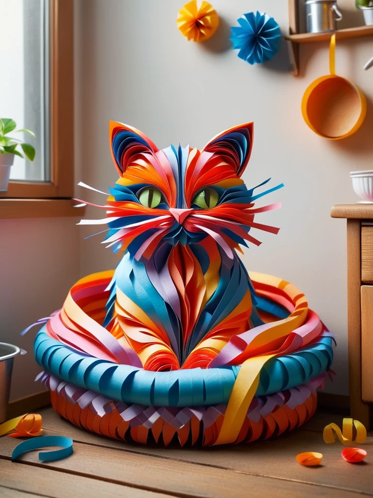 a cat made of ral-paperstreamer, sitting in a cozy litte bed in the kitchen corner made out of ral-paperstreamer <lora:ral-paperstreamer:1>