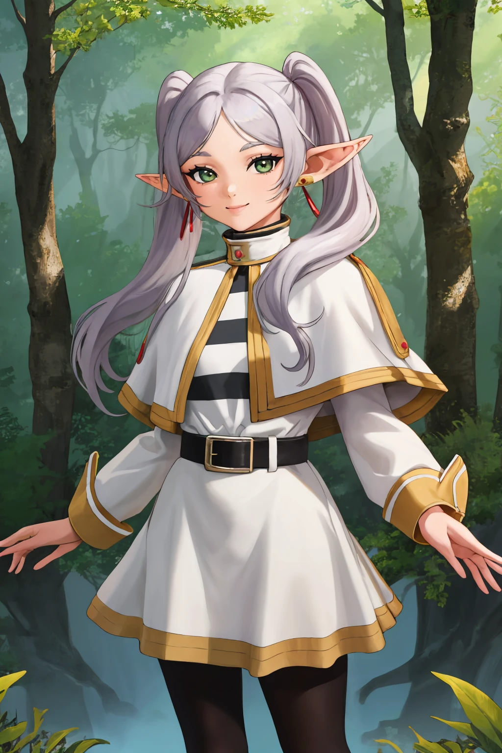 masterpiece, best quality, 1girl, solo, <lora:ett-artist-richy-v1:1> standing, <lora:CHAR-Frieren:1> Frieren, twintails, earrings, FrierenBase, twintails, earrings, white capelet, striped shirt, white skirt, long sleeves, belt, black pantyhose, forest, fantasy, looking at viewer, smile