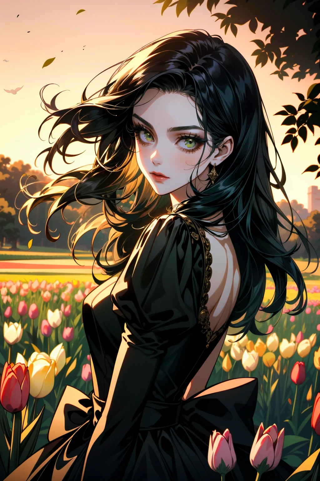 ((ultra detailed, masterpiece, best quality))
<lora:AliceMadness:0.8>
AliceMadness, 1girl, solo, long hair, black hair, green eyes, In a field of tulips at golden hour, elegant dress, twirling with joy