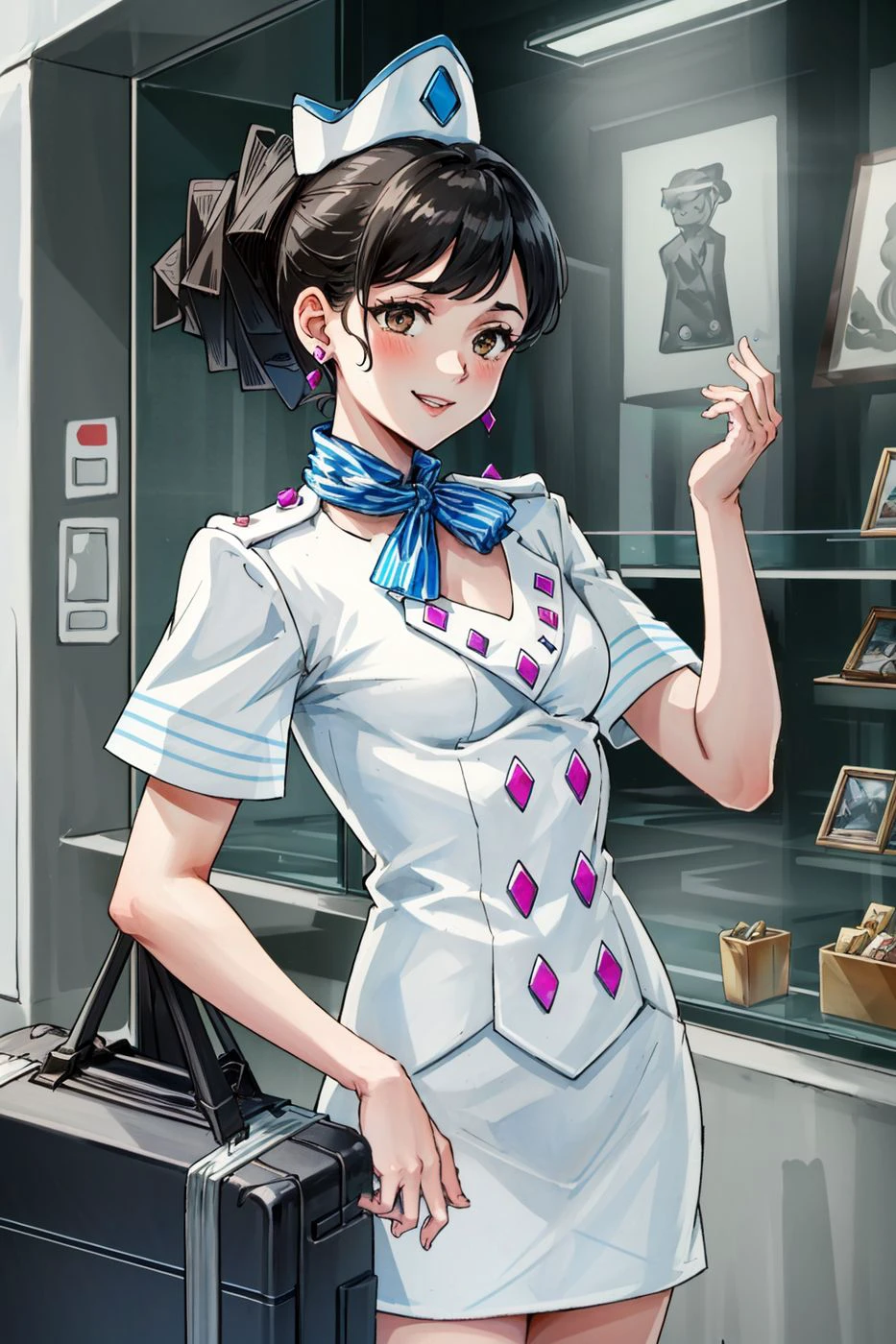 (masterpiece, best quality, high res:1.3), absurd res, rhodateneiro, brown eyes, ponytail, white uniform, short sleeves, skirt, smile, hat, holding suitcase, in a store with suitcases, glass displaycase, cabinet, <lora:RhondaTeneiro:0.85>