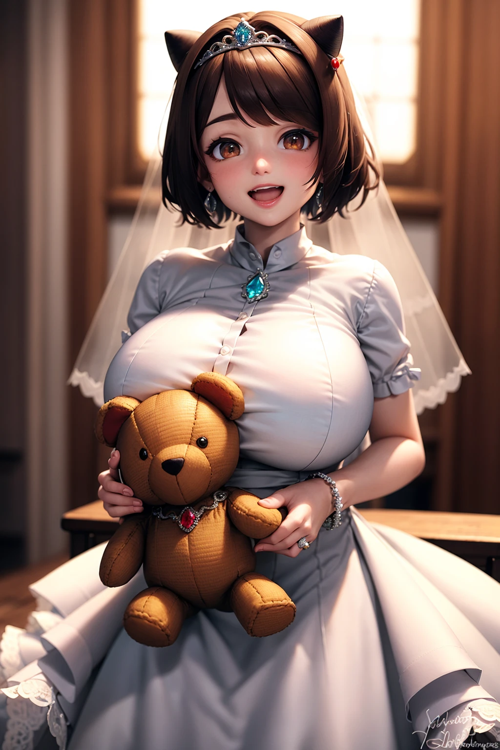 <lora:hiting-yaia2:0.6> masterpiece, (3d, realistic:0.9), ( huge breasts), yaiafree, smile, open mouth, (detailed white pantyhose:1.1),(detailed wedding dress, jewelry, gem, tiara, bridal veil :1.1), complex filigree, brown hair, brown eyes, horns, holding teddy bear