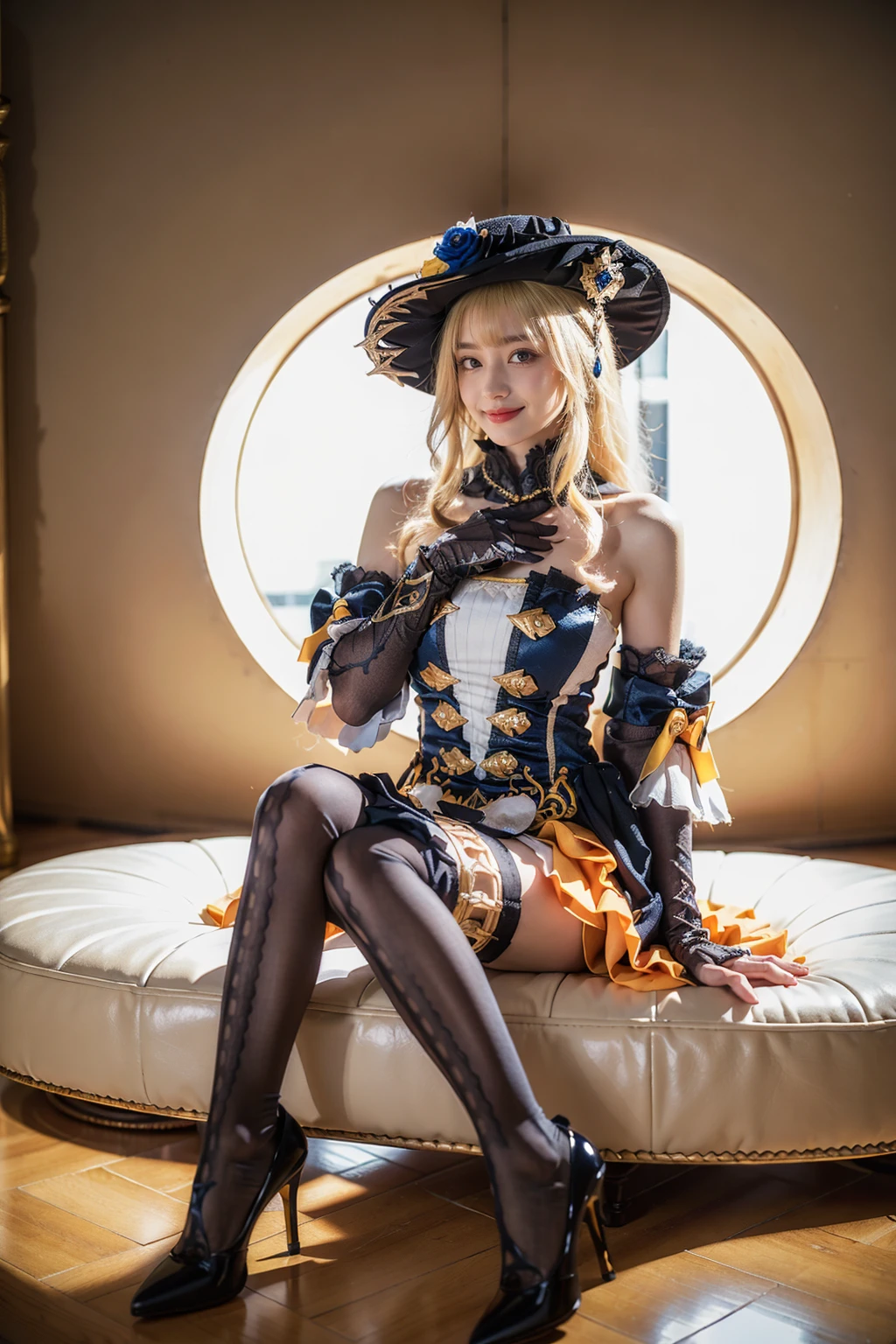 best quality, masterpiece, photorealistic, 1girl, solo, sitting, full body, looking at viewer, closed mouth, smile, navia cosplay costume, navia, cosplay, blonde hair, hat, headwear, dress, detached sleeves, bare shoulders, single glove, thighhighs, print legwear, high heels, breasts, <lora:genshin_Navia_cosplay_v1:0.7>