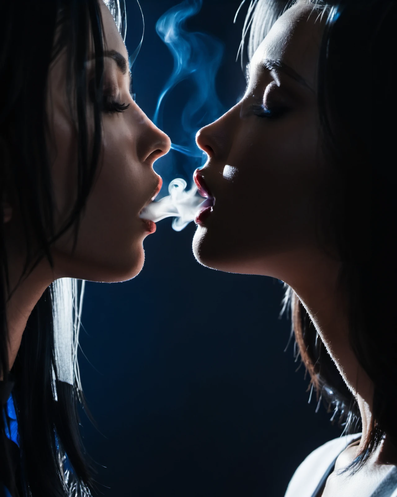 (photorealistic), (cinematic lighting:1.5), (photography), (realistic skin texture:1.1), (professional lighting),
2girls, very close, profile, black hair, blue eyes, close-up, shotgun smoking, shirt, closed eyes, dark, monochrome, kiss, backlight, , silhoutte
 <lora:Shotgun_Smoking_XL:1>