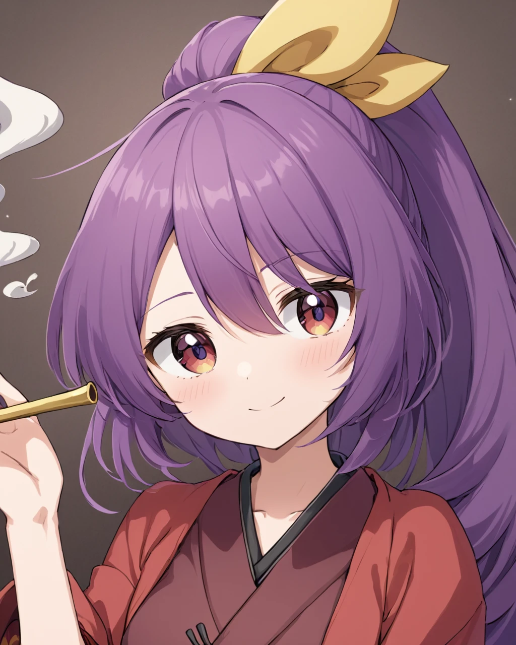 komakusa sannyo,1girl, solo, yellow_ribbon, smile, ponytail, looking_at_viewer, blush, yin_yang, red_kimono, card, hair_ribbon, kiseru, wide_sleeves, closed_mouth, holding_smoking_pipe, smoke
<lora:komakusa_sannyo_image421_2023-12-20:1>,star-shaped_pupils,symbol-shaped_pupils,. gorgeous,key visual, vibrant, studio anime,award-winning, professional, highly detailed,high budget, cinemascope