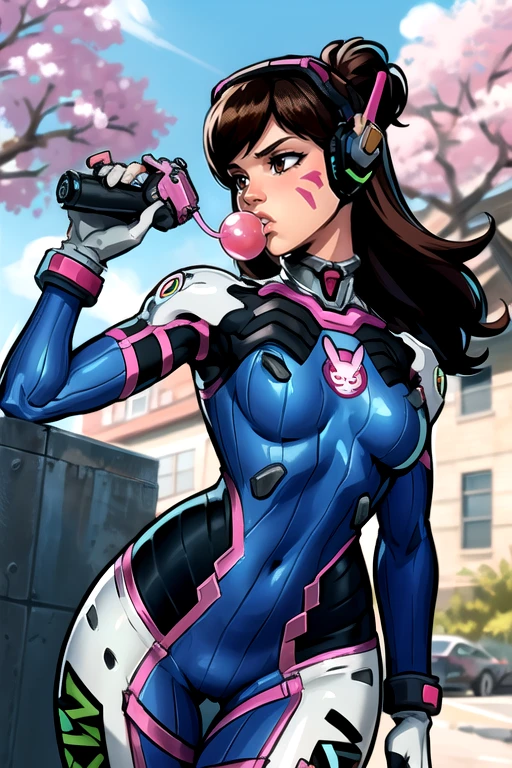 masterpiece,best quality,<lora:dva:0.8>, dva,1girl,solo,long hair,breasts,bangs,brown hair,gloves,holding,brown eyes,medium breasts,weapon,cowboy shot,outdoors,white gloves,holding weapon,blurry,gun,looking to the side,petals,bodysuit,headphones,facial mark,robot,animal print,cherry blossoms,holding gun,mecha,skin tight,handgun,high collar,pilot suit,bracer,whisker markings,facepaint,shoulder pads,charm (object),blue bodysuit,bubble blowing,chewing gum,finger on trigger,bunny print,ribbed bodysuit,meka (overwatch),