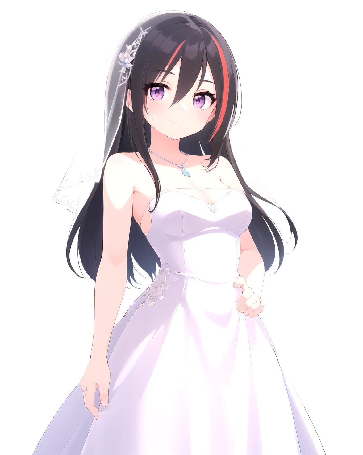 best quality, (masterpiece:1.2), illustration, absurdres, <lora:flat2:0.5>, <lora:hairdetailer:0.5>, <lora:boldline:-1.4>, <lora:clearcolor_v1.7_lbw:0.5>,
(1girl, solo), (beautiful detailed girl), cowboy shot,
<lora:MysteryGirl-000008:0.9>, mysterygirl, black hair, streaked hair, red hair, long hair, purple eyes, medium breasts,
(((wedding dress))),
looking at viewer, happy,
(((simple background)))
