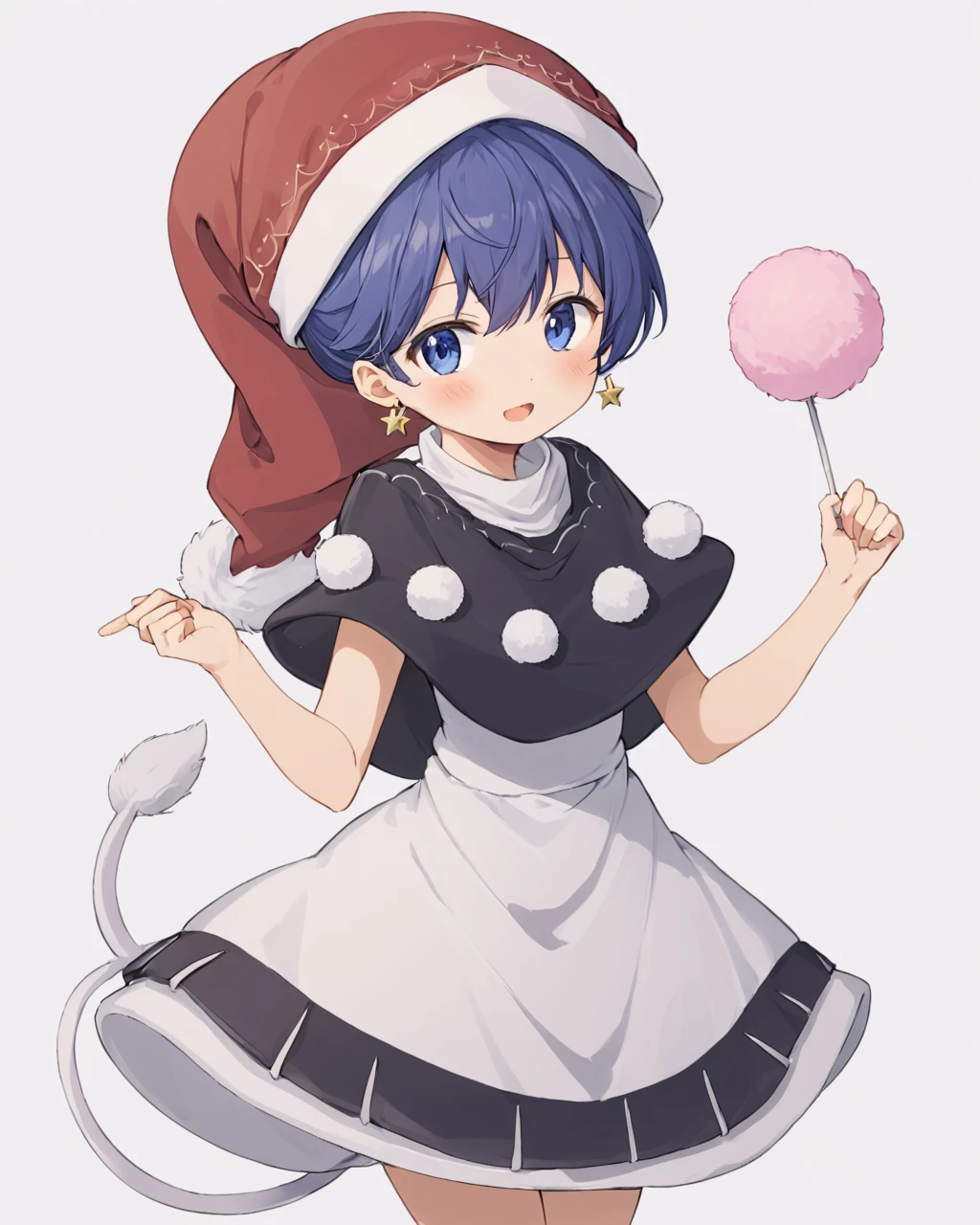 doremy sweet,1girl, red_headwear, tail, holding, solo, open_mouth, white_dress, earrings, pom_pom_\(clothes\), looking_at_viewer, simple_background, blush, white_background, cowboy_shot, black_capelet, black_dress, :d, standing, nightcap, short_sleeves
<lora:doremy_sweet_image2053_2023-12-20-000010:1>,star-shaped_pupils,symbol-shaped_pupils,. gorgeous,key visual, vibrant, studio anime,award-winning, professional, highly detailed,high budget, cinemascope