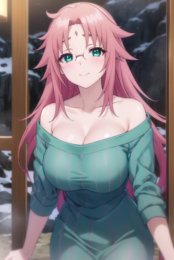 nonkoarahabaki, <lora:nonko arahabaki s1-lora-nochekaiser:1>,
nonko arahabaki, long hair, (green eyes:1.3), pink hair, glasses, (parted bangs:1.5), facial mark, forehead mark, smile, blush,
BREAK cleavage, underwear, collarbone, off shoulder, bra, sweater, ribbed sweater, sweater dress, red bra,
BREAK outdoors, hot spring, onsen,
BREAK looking at viewer, (cowboy shot:1.5),
BREAK <lyco:GoodHands-beta2:1>, (masterpiece:1.2), best quality, high resolution, unity 8k wallpaper, (illustration:0.8), (beautiful detailed eyes:1.6), extremely detailed face, perfect lighting, extremely detailed CG, (perfect hands, perfect anatomy),