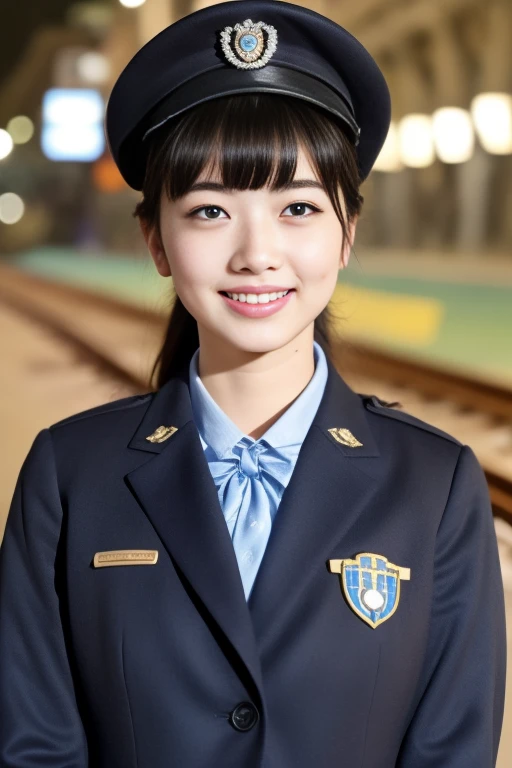 1girl,(RAW photo, best quality), (realistic, photo-realistic:1.4), masterpiece, an extremely delicate and beautiful, extremely detailed, 2k wallpaper, Amazing, finely detail, extremely detailed CG unity 8k wallpaper, ultra-detailed, highres, soft light, beautiful detailed girl, extremely detailed eyes and face, beautiful detailed nose, beautiful detailed eyes,cinematic lighting,on a train platform in tokyo,train track,city lights at night,perfect anatomy,slender body,smiling <lora:trainconductor_lora:0.7>,a woman in uniform,blue shirt,hat,vest,pants,tie <lora:hirosealice_lora:0.7>