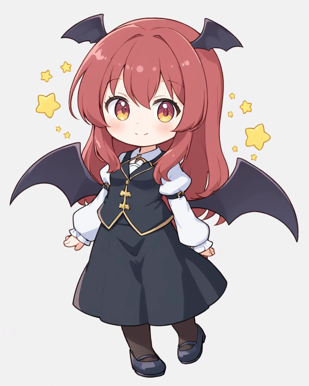 koakuma,1girl, solo, head_wings, simple_background, long_sleeves, full_body, white_background, smile, v-shaped_eyebrows, bat_wings, black_skirt, hand_on_own_chest, looking_at_viewer, black_footwear, white_shirt, chibi, black_vest, pantyhose, puffy_sleeves, standing, blush_stickers, >:\), blush, mary_janes, skirt_set
<lora:koakuma_image4390_2023-12-14-000008:1>,star-shaped_pupils,symbol-shaped_pupils,. gorgeous,key visual, vibrant, studio anime,award-winning, professional, highly detailed,high budget, cinemascope
