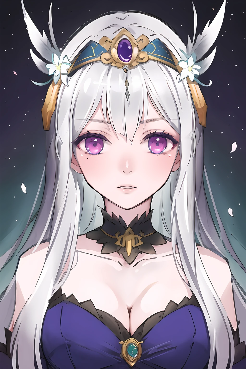 <lora:clear_anime_style_v1:1>A mesmerizing digital portrait of a charismatic woman with piercing violet eyes, adorned in an ornate headdress, surrounded by vibrant blossoms and delicate feathers