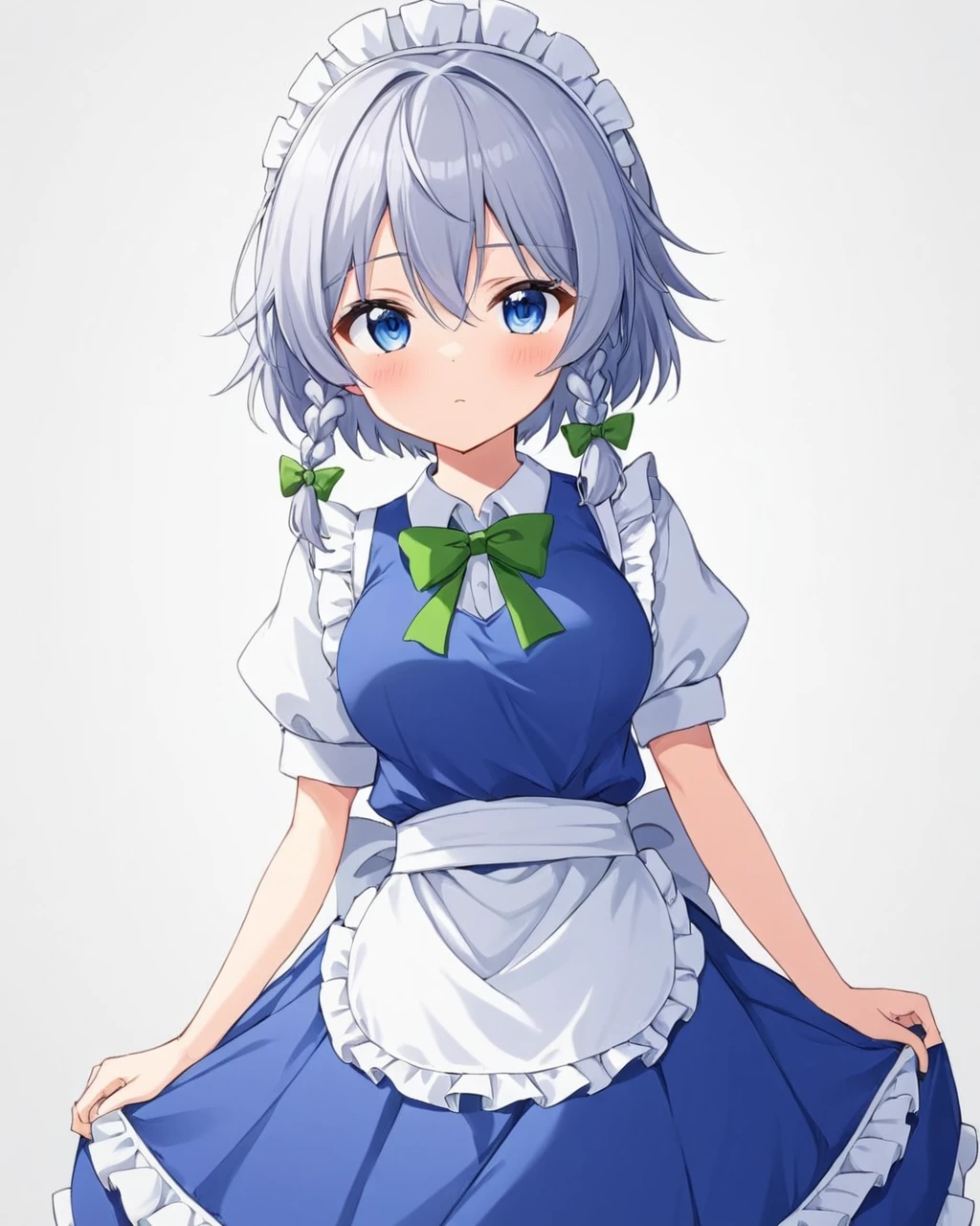 izayoi sakuya,1girl, solo, maid_headdress, puffy_short_sleeves, twin_braids, waist_apron, maid, looking_at_viewer, white_apron, medium_breasts, hair_bow, blue_dress, blush, closed_mouth, green_bowtie, frilled_apron, white_shirt, maid_apron, white_background, character_name, v-shaped_eyebrows
<lora:izayoi_sakuya_image4179_2023-12-11-000007:1>,star-shaped_pupils,symbol-shaped_pupils,. gorgeous,key visual, vibrant, studio anime,award-winning, professional, highly detailed,high budget, cinemascope