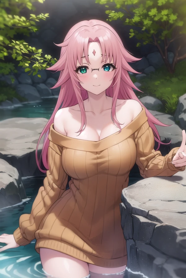 nonkoarahabaki, <lora:nonko arahabaki s1-lora-nochekaiser:1>,
nonko arahabaki, long hair, (green eyes:1.3), pink hair, glasses, (parted bangs:1.5), facial mark, forehead mark, smile, blush,
BREAK cleavage, underwear, collarbone, off shoulder, bra, sweater, ribbed sweater, sweater dress, red bra,
BREAK outdoors, hot spring, onsen,
BREAK looking at viewer, (cowboy shot:1.5),
BREAK <lyco:GoodHands-beta2:1>, (masterpiece:1.2), best quality, high resolution, unity 8k wallpaper, (illustration:0.8), (beautiful detailed eyes:1.6), extremely detailed face, perfect lighting, extremely detailed CG, (perfect hands, perfect anatomy),