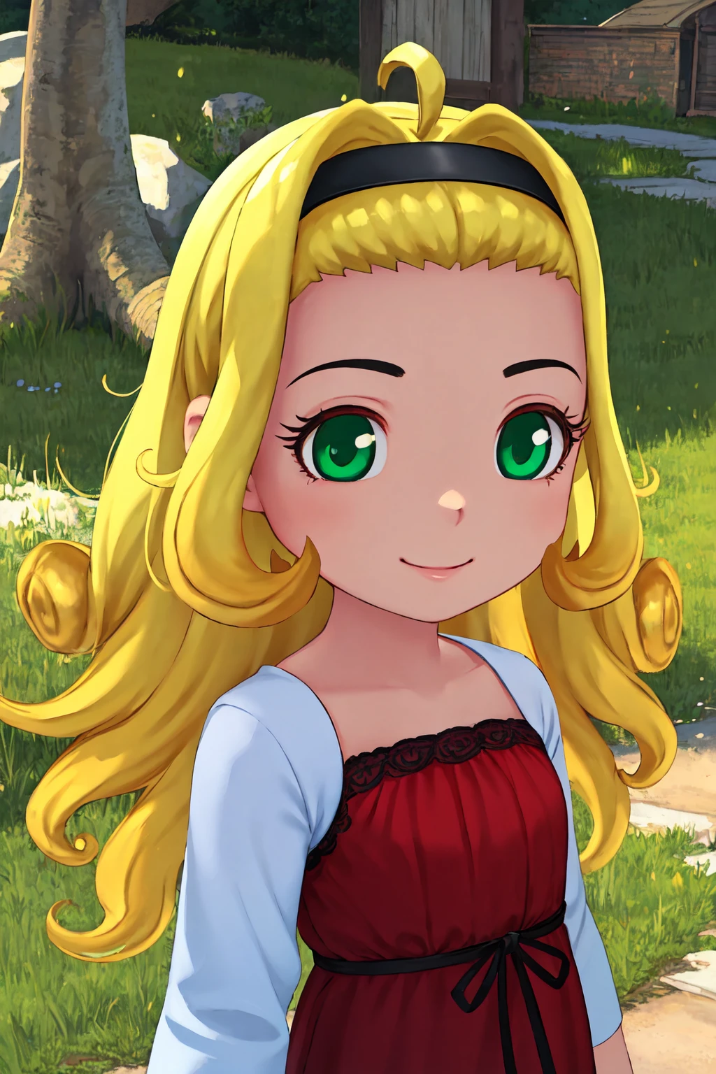 portrait, sharp focus, soft lighting, illustration, depth of field, outdoors, grass, plants, muffy, 1girl, solo, long hair, blonde hair, red dress, curly hair, green eyes ,hairband, smile, white sleeves, looking at viewer, <lora:muffy-000003:0.75> <lora:artist-gomennasai:0.35>