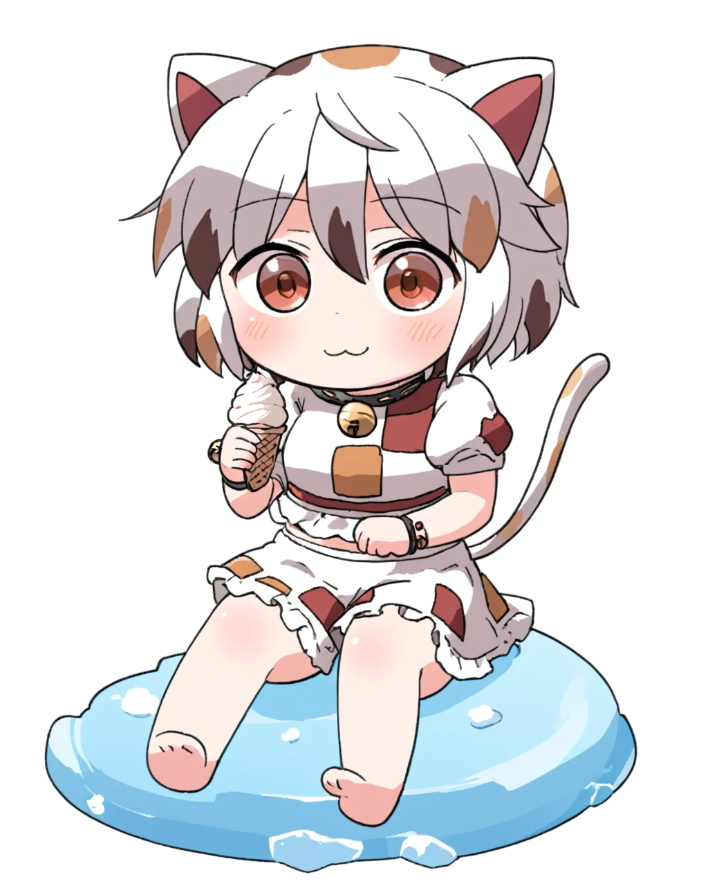 goutokuji mike,1girl, solo, cat_tail, jingle_bell, barefoot, signature, ice_cream, skirt, patch, crop_top, spoon, blush, white_background, puffy_short_sleeves, sitting, multicolored_shirt, simple_background, neck_bell, :p, white_shorts, full_body
<lora:goutokuji_mike_image915_2023-12-20:1>,star-shaped_pupils,symbol-shaped_pupils,. gorgeous,key visual, vibrant, studio anime,award-winning, professional, highly detailed,high budget, cinemascope