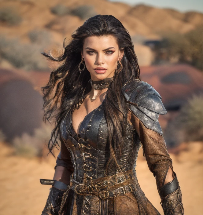 Gere uma imagem detalhada da personagem Mara, also known as 'Mara Death Dealer', do jogo Call of Duty: Guerra moderna. Describe its appearance, corpo inteiro, fisionomia cruel, micro bikini, na praia, sol poente, palmeiras, corpo escultural, flowing hair, [Equipamentos de ouro ((metralhadoras, Granadas, Accessories))], personalidade cruel