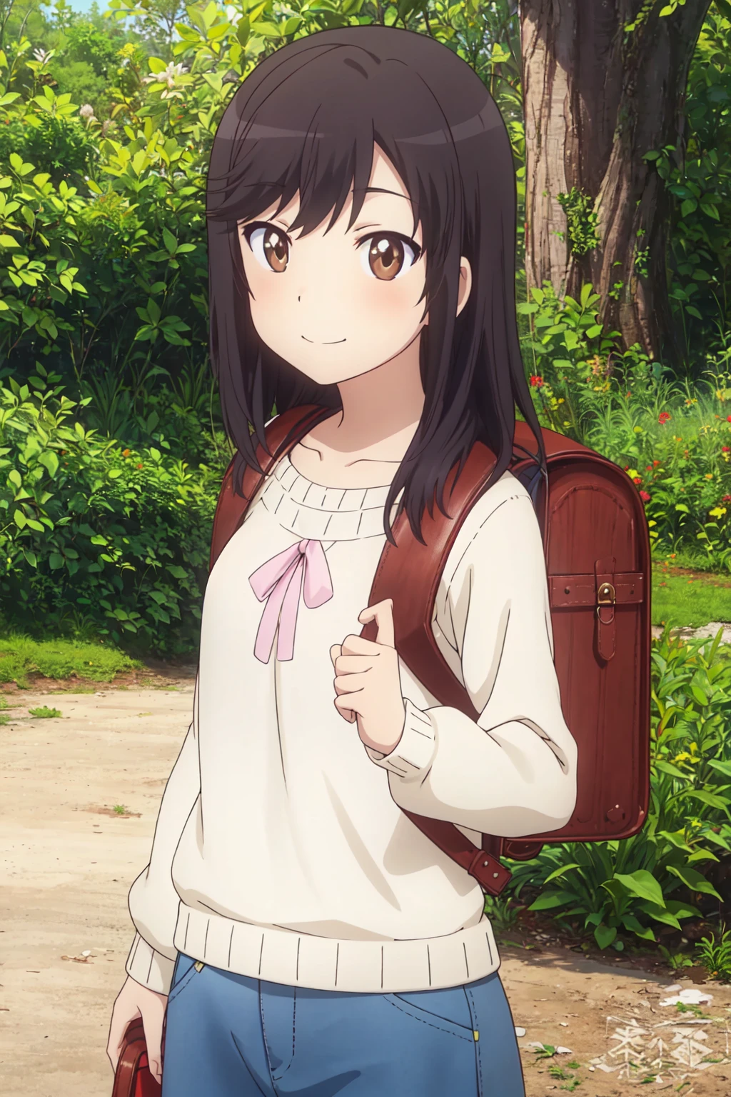 <lora:0 nonhotaru:1>,nonhotaru,looking_at_viewer,smile,nature,shirt,skirt,backpack,randoseru,sweater,