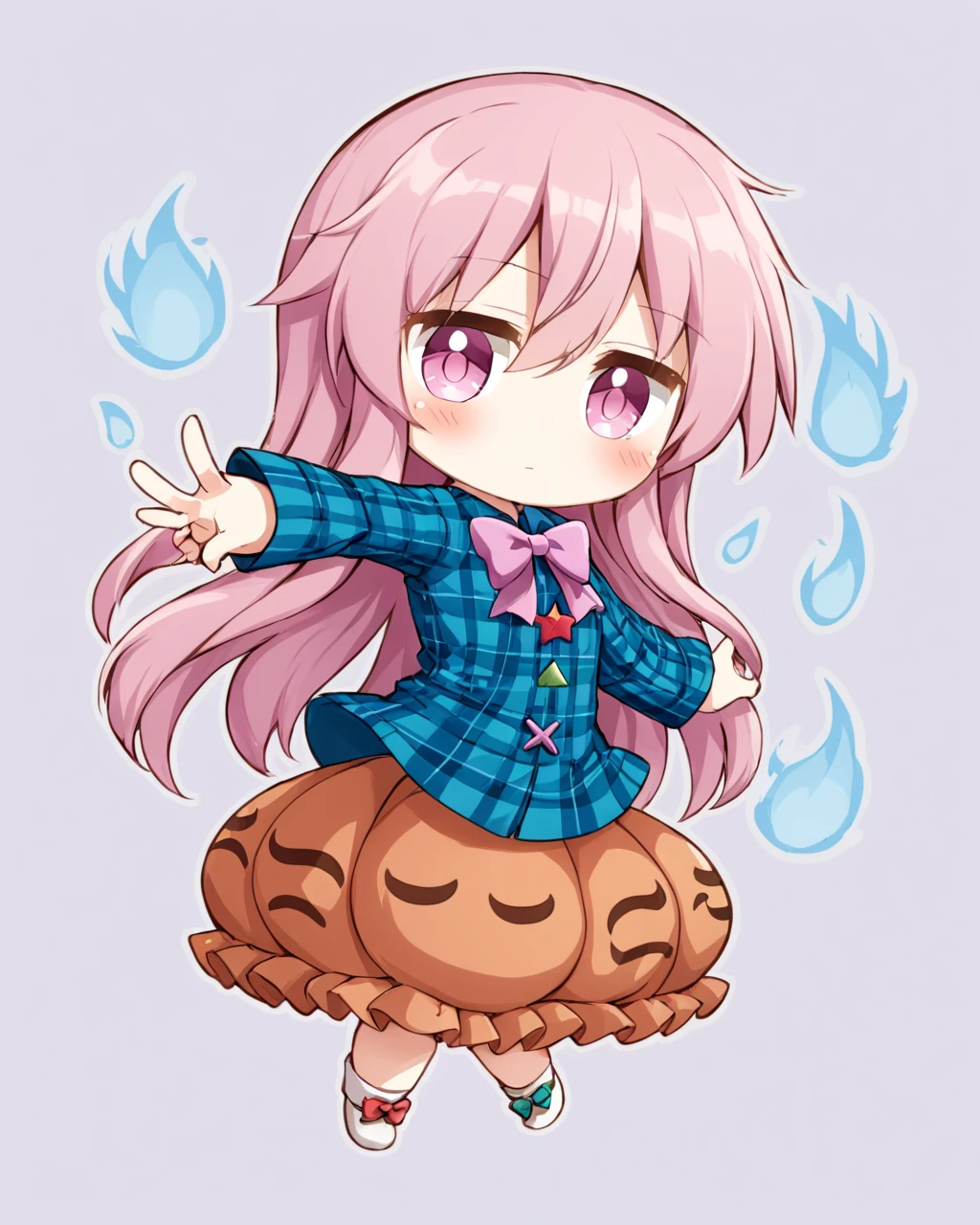 hata no kokoro,1girl, solo, plaid_shirt, blush, chibi, expressionless, bow, long_sleeves, bubble_skirt, punching, white_background
<lora:hata_no_kokoro_image5070_2023-12-20:1>,star-shaped_pupils,symbol-shaped_pupils,. gorgeous,key visual, vibrant, studio anime,award-winning, professional, highly detailed,high budget, cinemascope