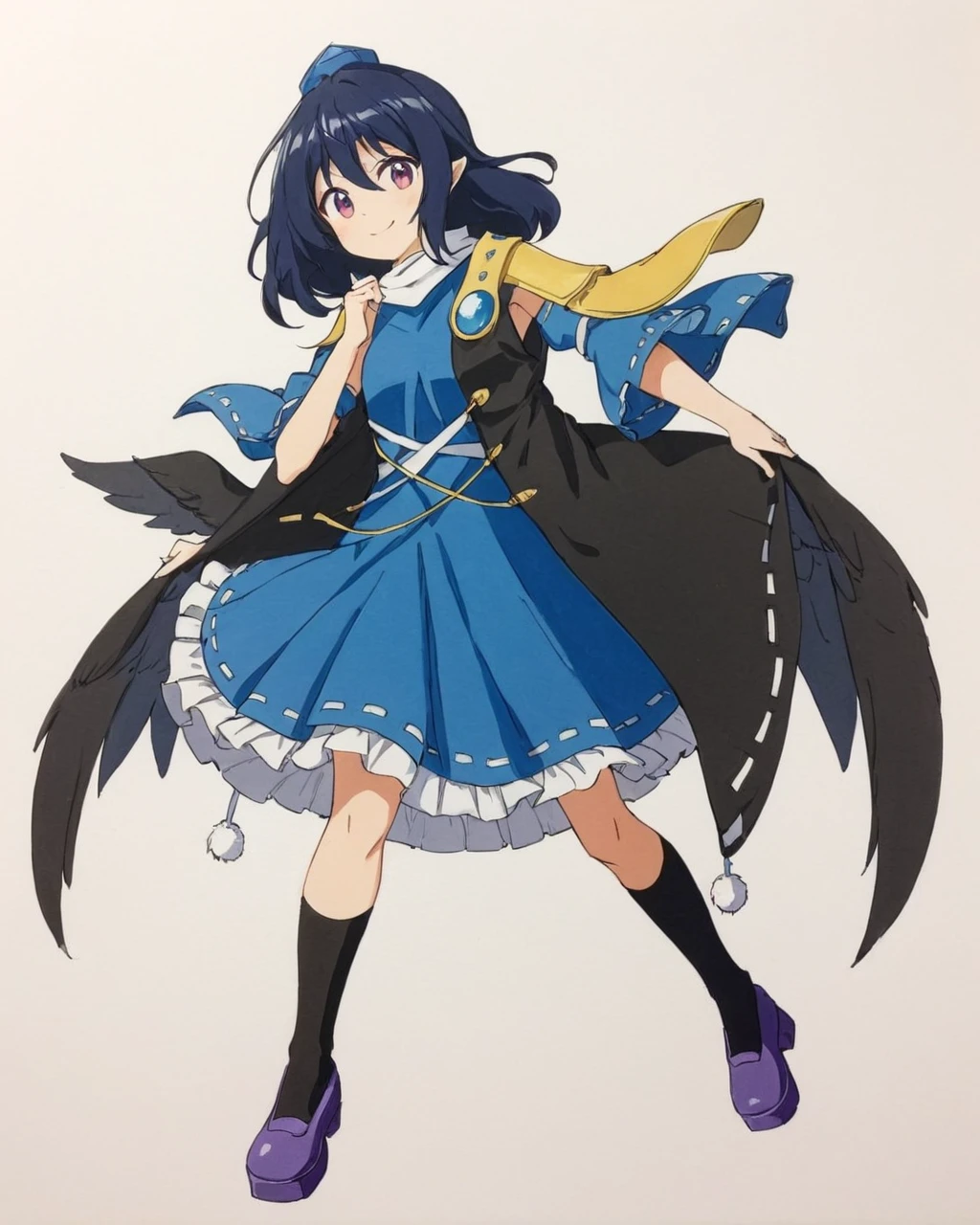iizunamaru megumu,1girl, solo, tokin_hat, blue_dress, sleeveless_coat, tengu-geta, pom_pom_\(clothes\), star_\(symbol\), kneehighs, frilled_dress, black_socks, white_background, traditional_media, black_coat, dated, open_mouth, ribbon_trim, gem, smile, purple_footwear, looking_at_viewer, simple_background, full_body, tengu
<lora:iizunamaru_megumu_image856_2023-12-20-000015:1>,star-shaped_pupils,symbol-shaped_pupils,. gorgeous,key visual, vibrant, studio anime,award-winning, professional, highly detailed,high budget, cinemascope