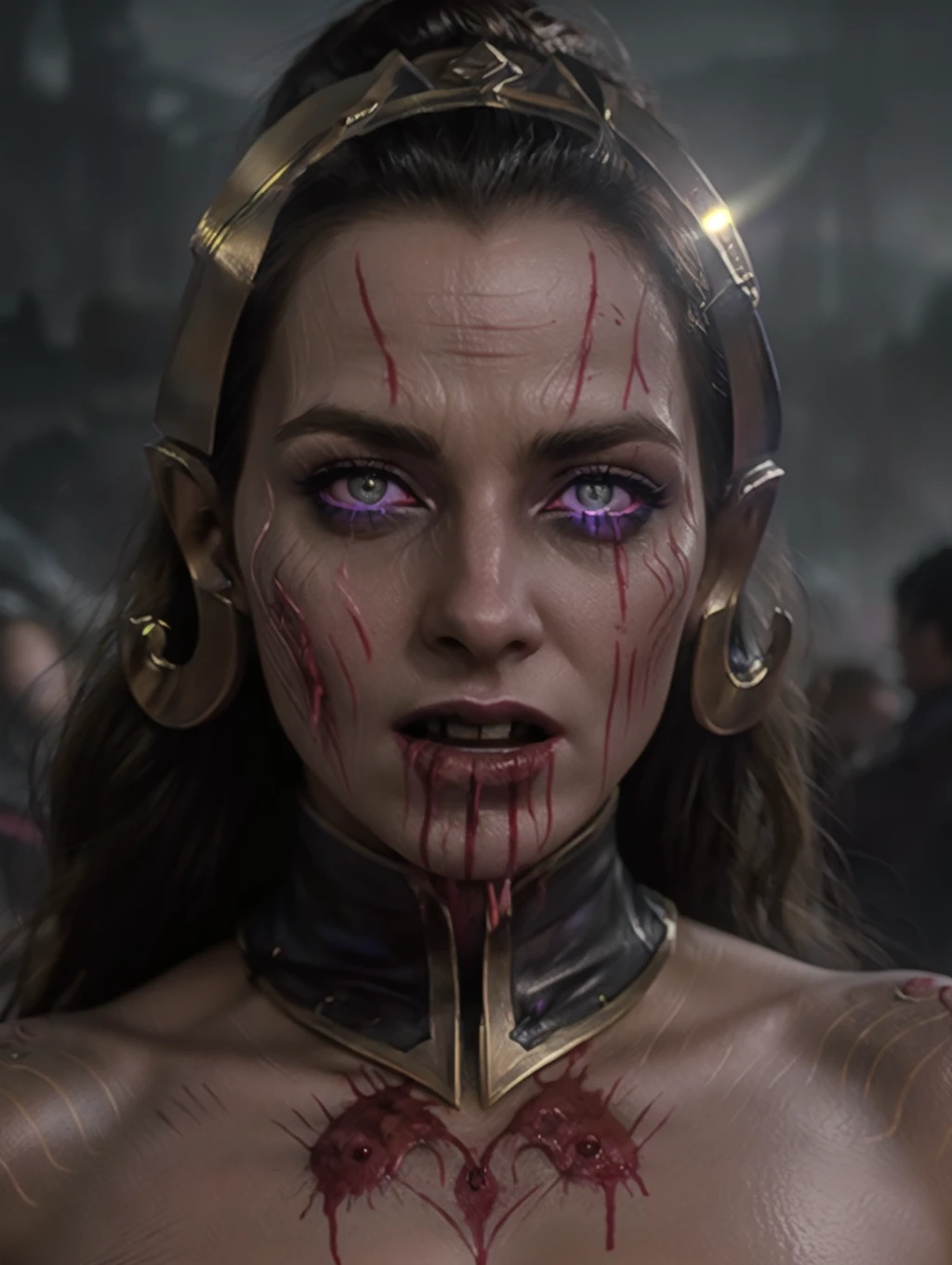 breathtaking <lora:LilianaV1:0.8> LilianaV1, vampire fangs, opened mouth, ((blood on face)), evil eyes, glowing eyes, facial tattoes, masterpiece, award-winning, professional, highly detailed, dramatic lighting, glow effects, godrays, Hand drawn, render, 8k, octane render, cinema 4d, blender, dark, atmospheric 4k ultra detailed, cinematic, Sharp focus, big depth of field, Masterpiece, colors, 3d octane render, 4k, concept art, trending on artstation, hyperrealistic, Vivid colors, extremely detailed CG unity 8k wallpaper, trending on CGSociety, Intricate, High Detail, dramatic
