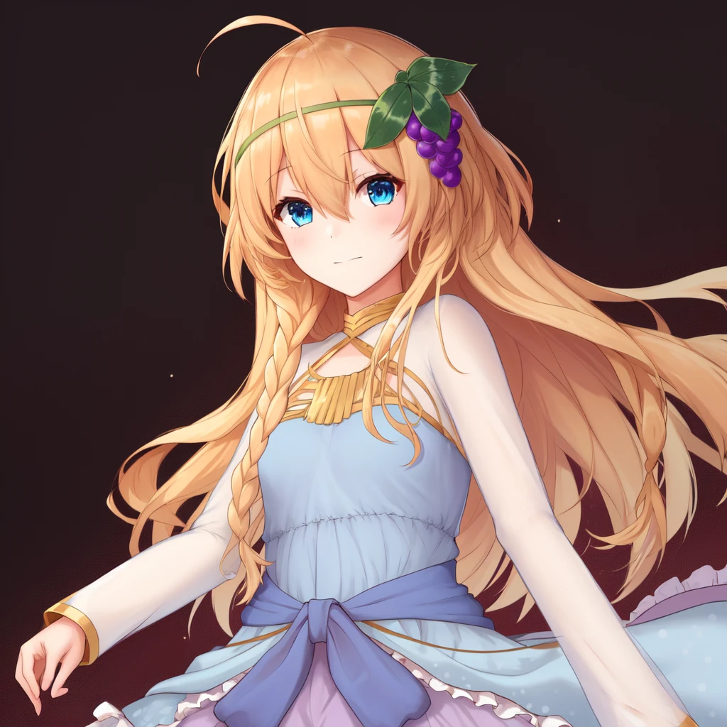 <lora:Belzerg_Stylish_Sword_Iris-1024:1>,1girl, solo, blonde hair, long hair,hair between eyes, blue eyes,ahoge, braid, hair ornament,grapes, blue dress, long sleeves, gradient dress, layered dress, dress,