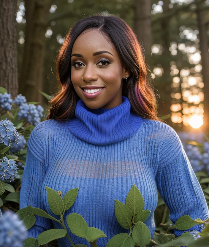 c0d1br1 , smile, nature, breast, Colorful flowers, Sunset, soft light, intricate, Hallerbos, (Blue flowers in the undergrowth), codi bryant, ((Multicolor turtleneck sweater)), intricate, close portrait photo