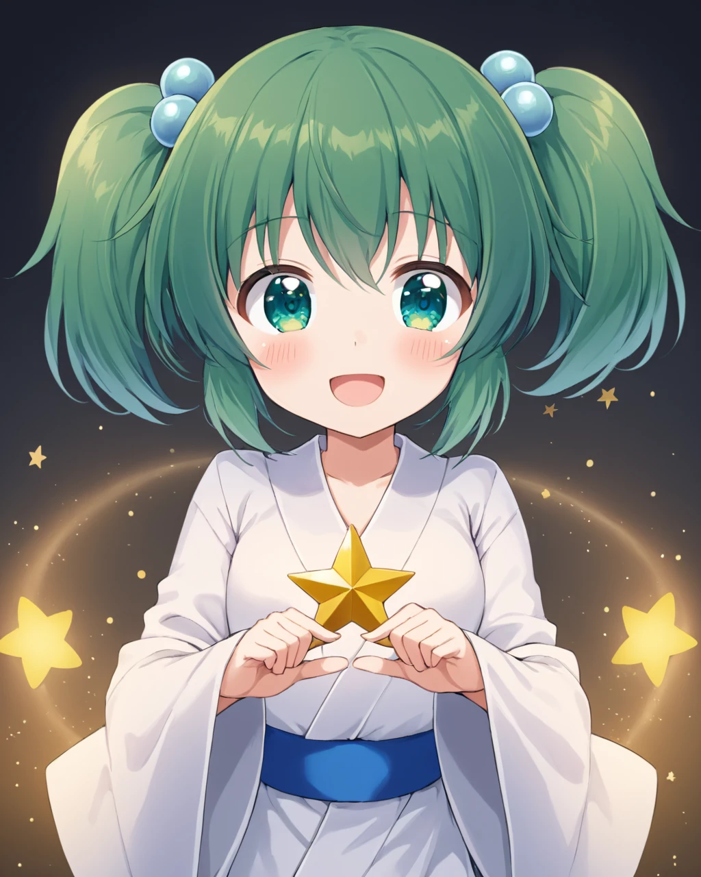 kisume,1girl, solo, open_mouth, hair_bobbles, twintails, smile, blush, wide_sleeves, long_sleeves
<lora:kisume_image1289_2023-12-17:1>,star-shaped_pupils,symbol-shaped_pupils,. gorgeous,key visual, vibrant, studio anime,award-winning, professional, highly detailed,high budget, cinemascope