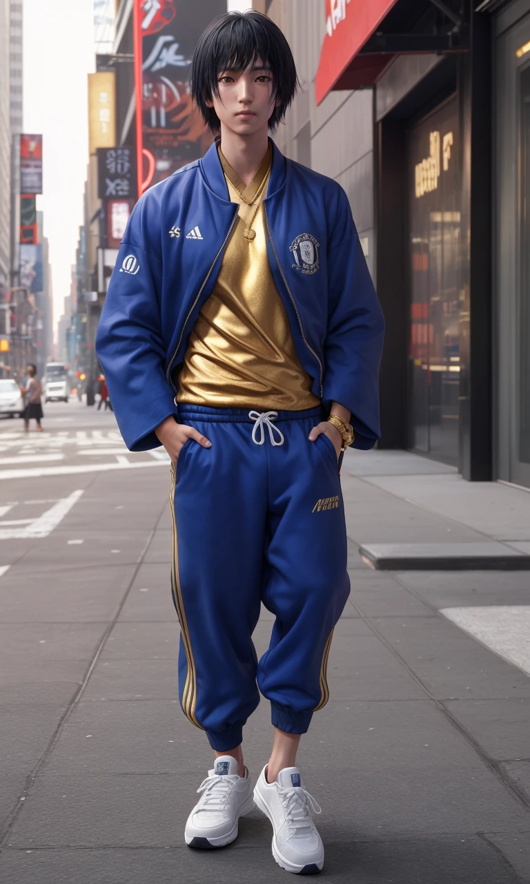 closeup, kurossdt2023, best quality, masterpiece, depth of field, 1boy, focus on eyes, intricate, photorealistic, trending on arstation, new york city, wearing blue tracksuit, gold chains, sneakers,