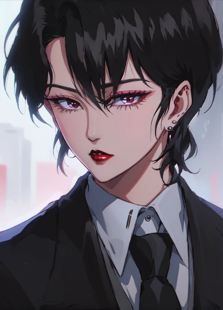 <lora:makie:1> makie, 1girl, solo, black hair, jewelry, earrings, makeup, lipstick, stud earrings, looking at viewer, short hair, shirt, necktie, formal, suit, red lips