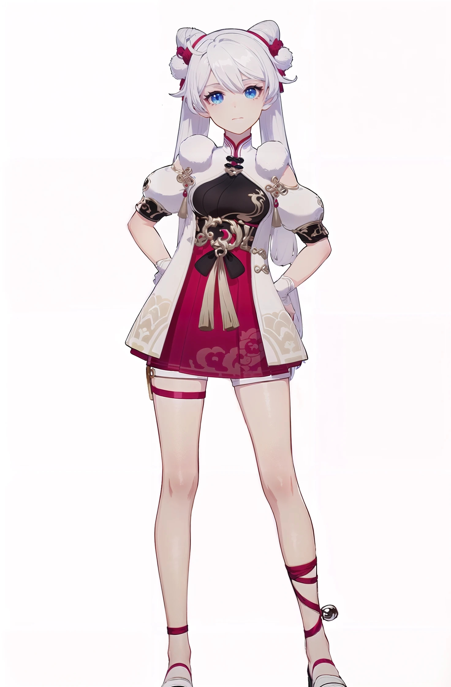 8k, best quality, masterpiece, (ultra-detailed:1.1), (high detailed skin), 
(full body:1.2), white background, standing, looking at viewer, (solo:1.4), hand on hip, 
<lora:xuetu-yz-v100:0.8:lbw=OUTALL>, xuetu, blue eyes, white hair, chinese clothes, double bun, bangs, short dress, 
(white background, simple background:1.5), 
(beautiful_face), ((intricate_detail)), clear face, 
((finely_detailed)), fine_fabric_emphasis, 
((glossy)), full_shot
