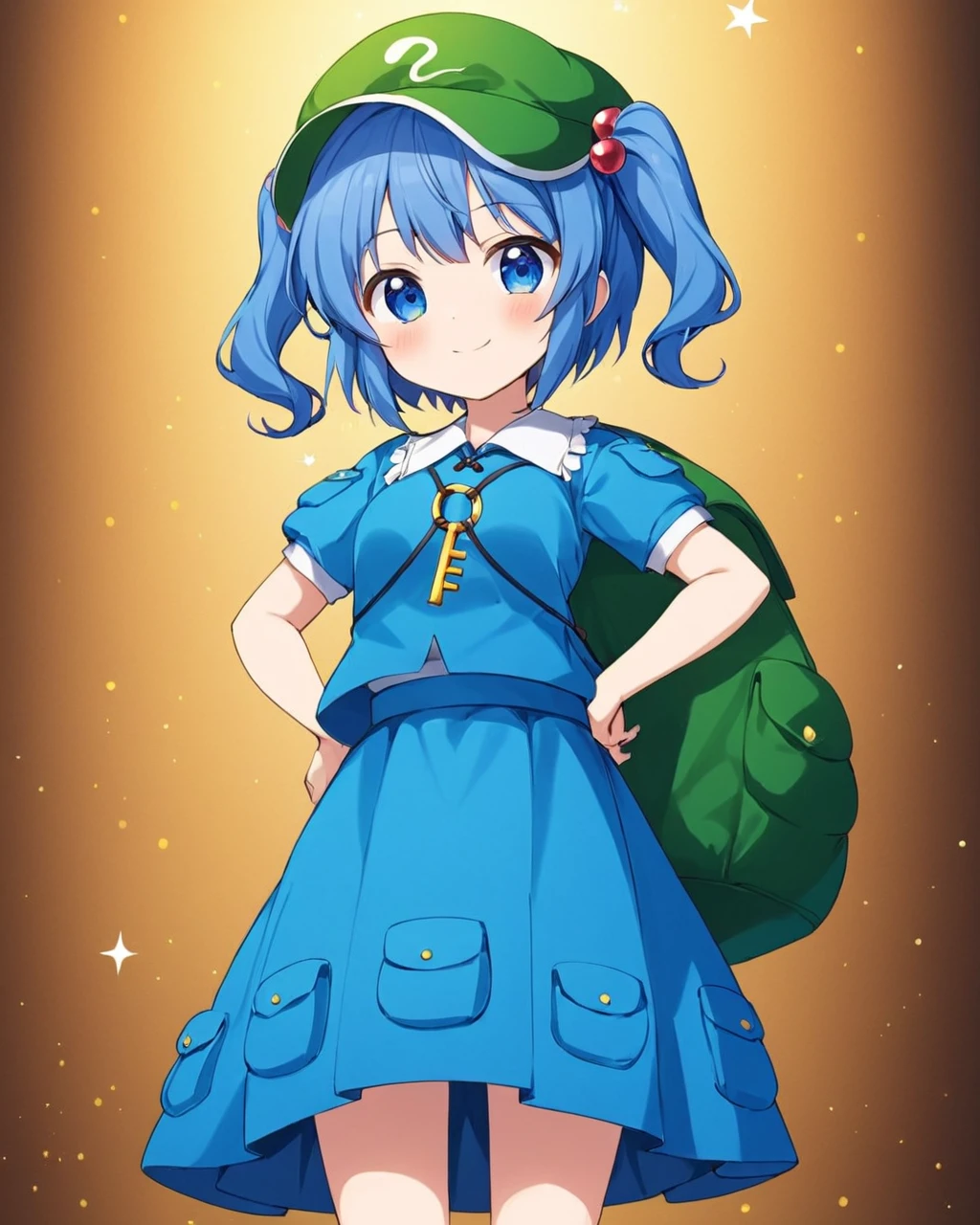kawashiro nitori,1girl, solo, hair_bobbles, blue_skirt, smile, pocket, backpack, short_sleeves, key, looking_at_viewer, blue_shirt, blush, two_side_up, blurry_background, closed_mouth, holding, twintails, standing, v-shaped_eyebrows, no_headwear, hand_on_hip, cowboy_shot, green_headwear, green_bag
<lora:kawashiro_nitori_image4714_2023-12-17:1>,star-shaped_pupils,symbol-shaped_pupils,. gorgeous,key visual, vibrant, studio anime,award-winning, professional, highly detailed,high budget, cinemascope