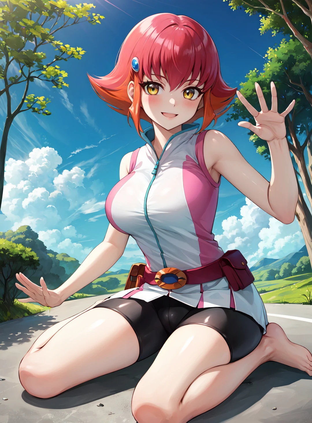 masterpiece, best quality, highres,
1girl, solo, multicolored hair, two-tone hair, hair ornament, yellow eyes, short hair, pink hair, hairclip, red hair, orange hair, large breasts, breasts, smile, shorts, sleeveless, belt, black shorts, bike shorts,
<lora:LoRA_Anna:1>, wariza, barefoot, looking at viewer, forest, sunlight, cloudy, waving, laughing, blush,