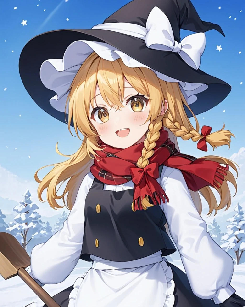 kirisame marisa,1girl, solo, long_sleeves, white_bow, hat_bow, open_mouth, black_headwear, witch_hat, white_apron, red_scarf, looking_at_viewer, smile, mittens, snow, gloves, single_braid, winter, bare_tree, outdoors, blush, hair_bow, black_skirt, white_shirt, shovel, plaid_scarf, waist_apron, upper_teeth_only, breath, puffy_sleeves, black_vest, dress
<lora:kirisame_marisa_image6213_2023-12-11-000007:1>,star-shaped_pupils,symbol-shaped_pupils,. gorgeous,key visual, vibrant, studio anime,award-winning, professional, highly detailed,high budget, cinemascope