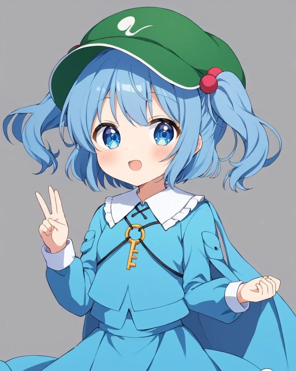 kawashiro nitori, open_mouth, hair_bobbles, green_headwear, 2girls, simple_background, grey_background, :d, white_outline, looking_at_viewer, long_sleeves, blush, blue_shirt, two_side_up, flat_cap, skirt_set, twintails, capelet
<lora:kawashiro_nitori_image4714_2023-12-17:1>,star-shaped_pupils,symbol-shaped_pupils,. gorgeous,key visual, vibrant, studio anime,award-winning, professional, highly detailed,high budget, cinemascope