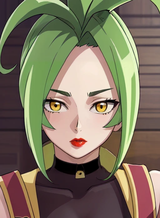 best quality, (masterpiece),(ultra-detailed), (high quality), (high resolution), <lora:Usarapa:0.7> usarapa, green hair, lipstick, yellow eyes