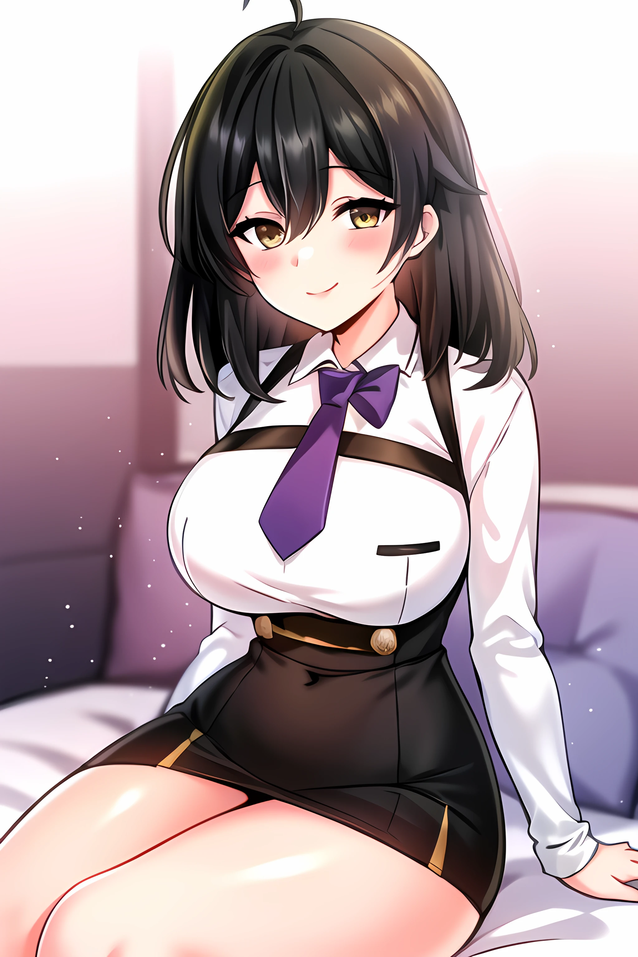 ((masterpiece, best quality)),1girl,smile,sitting, solo,ahoge, lumi \(uniform\) \(seka\), bangs, blush, breasts, black_hair, collared_shirt, eyebrows_visible_through_hair, hair_between_eyes, large_breasts, long_sleeves, looking_at_viewer, necktie, purple_necktie,skirt, thighs, (white_shirt), yellow_eyes,,,,,,,,extremely detailed CG unity 8k wallpaper, perfect lighting,Colorful, Bright_Front_face_Lighting,White skin, (masterpiece:1.0),(best_quality:1.0), ultra high res,4K,ultra-detailed, photography, 8K, HDR, highres, absurdres:1.2, Kodak portra 400, film grain, blurry background, bokeh:1.2, lens flare, vibrant_color,professional photograph,bow breasts, (beautiful_face:1),(narrow_waist),(Beautiful  large breasts),Beautiful Finger,Beautiful long legs,Beautiful body,Beautiful Nose,Beautiful character design, perfect face,perfect balance,(2d)