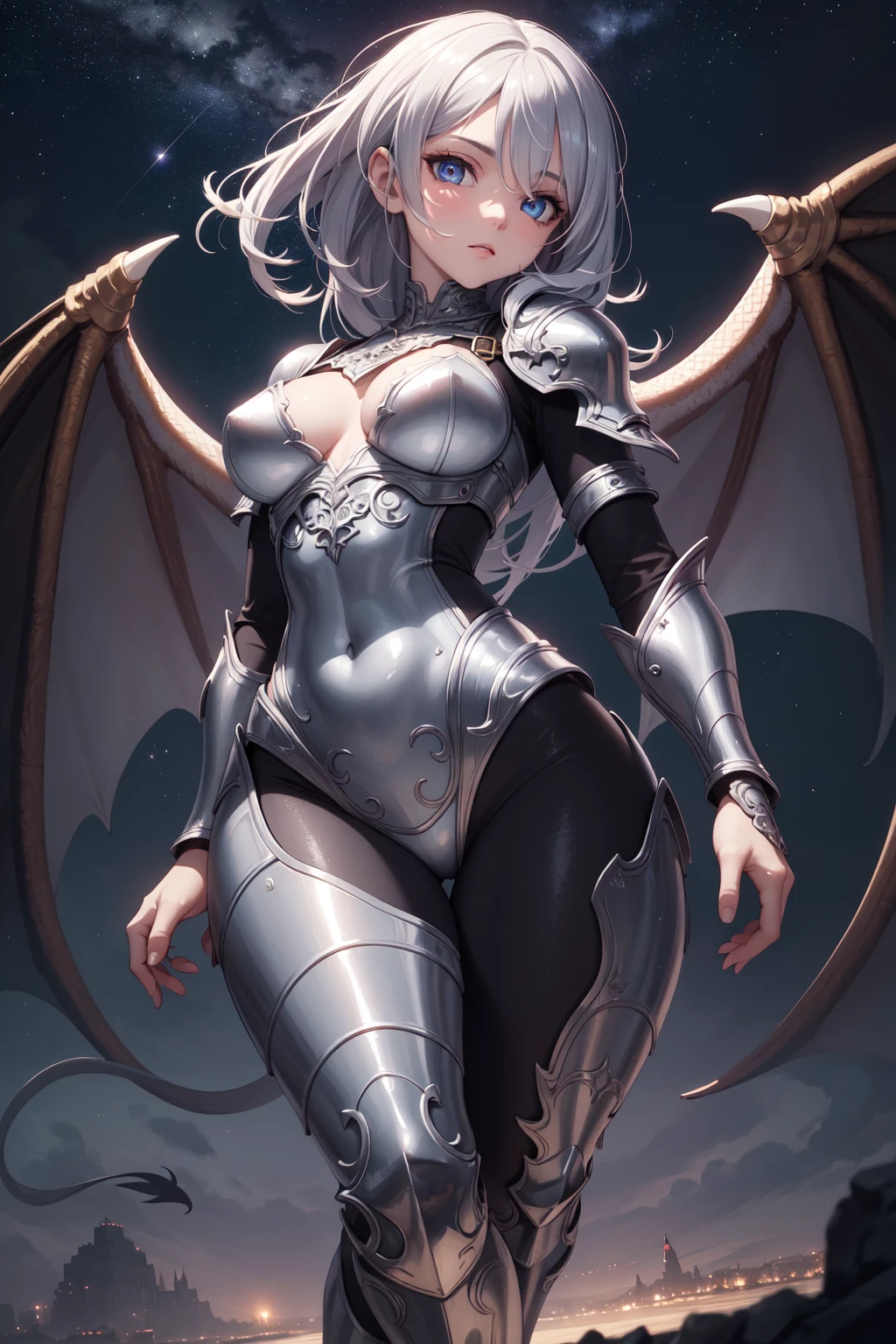 (masterpiece), perfect anatomy, intricate, (highly detailed), masterpiece, photorealistic, perfect anatomy, cinematic lighting, shading, super detailed skin, beautiful detailed eyes, best quality, ultra-detailed, (illustration), ultra-detailed, looking at viewer, (extremely delicate eyes:1.3), medieval armour, dragon girl, dragon wings, (silver shiny armour), (stars), (dragon girl), (extremely detailed medieval shiny armour), night sky background, fantasy theme, dynamic pose, vibrant colour, shadow, contrast, refraction, perspective, depth, good anatomy, stunning details