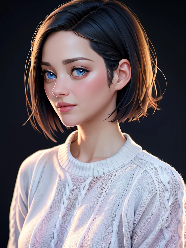 Realistic photo of a beautiful m4r10nc woman,1girl,solo,looking at viewer,short hair,blue eyes,simple background,black hair,long sleeves,grey background,sweater,lips,portrait,realistic,soft lighting, professional Photography, Photorealistic, detailed, RAW, analog, sharp focus, 8k, HD, high quality, masterpiece<lora:m4r10nc:1.0>
