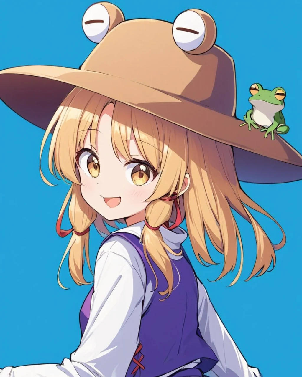 moriya suwako,1girl, solo, hat, simple_background, purple_vest, looking_at_viewer, tongue_out, white_shirt, brown_headwear, upper_body, smile, frog, long_sleeves, blue_background, closed_mouth, sidelocks, looking_back, hair_ribbon, red_ribbon
<lora:moriya_suwako_image6645_2023-12-17-000007:1>,star-shaped_pupils,symbol-shaped_pupils,. gorgeous,key visual, vibrant, studio anime,award-winning, professional, highly detailed,high budget, cinemascope