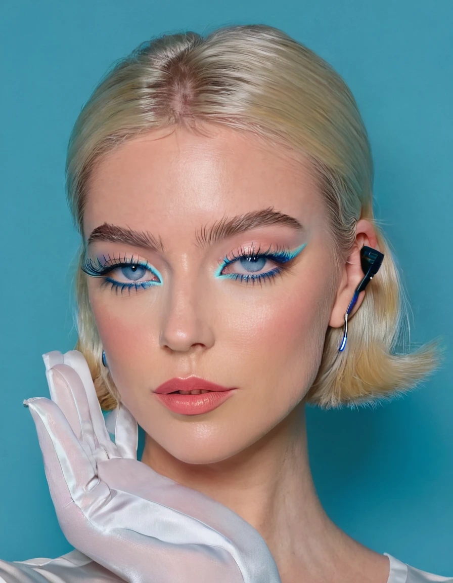 masterpiece,
jewelry, blue eyes, hoop earrings, earphones, short hair, makeup, blonde hair, parted lips, earbuds, eyeshadow, portrait, looking at viewer, eyelashes, blue background, nose, mascara, realistic, eyeliner, simple background, gloves, lipstick, close-up,
studio lighting, cold light, UHD, 8k, DSLR, Canon EOS4
<lora:Modern_MakeUp-000003:.75>, , <lora:FILM_PHOTOGRAPHY_STYLE:0.25>