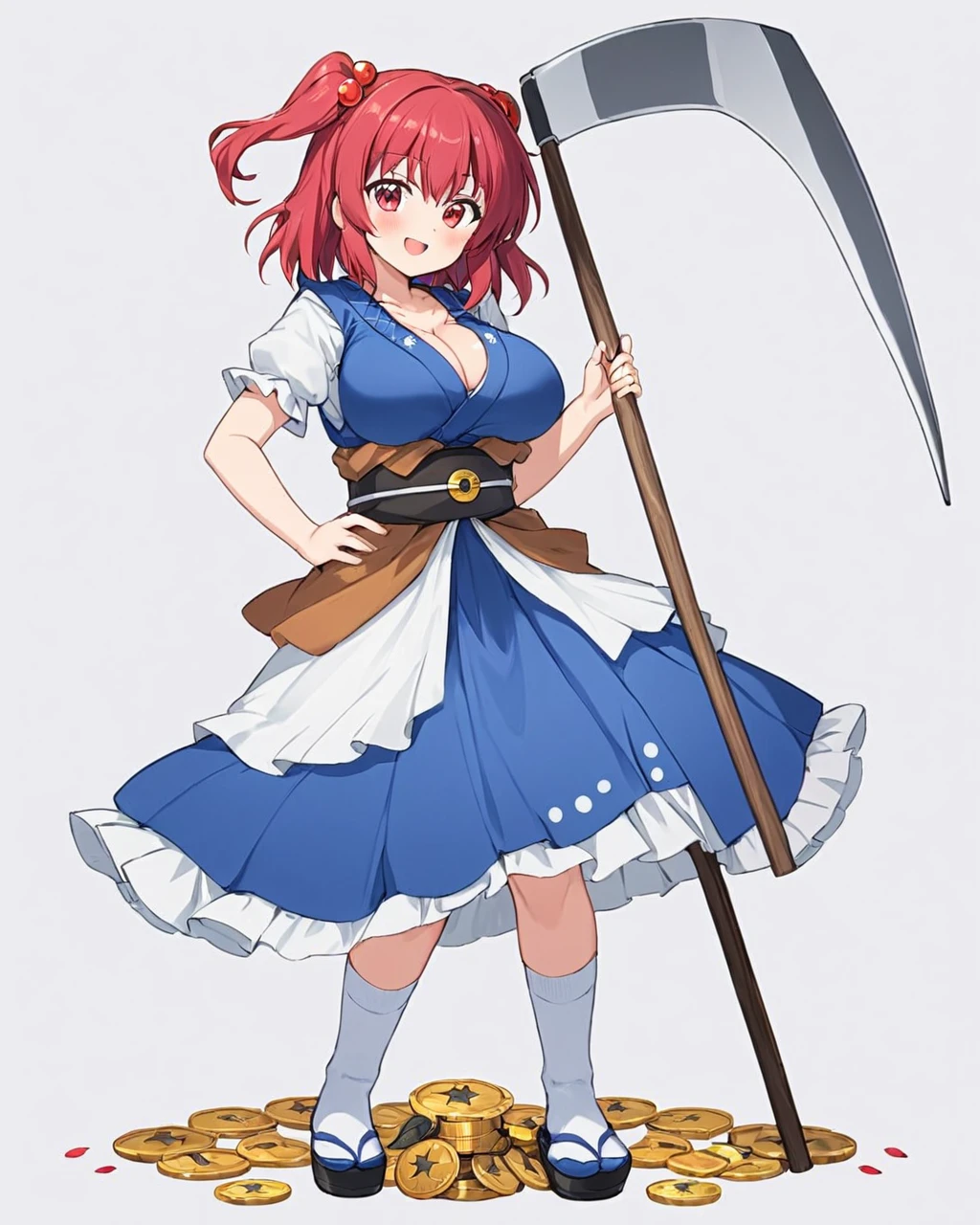 onozuka komachi,1girl, solo, hair_bobbles, open_mouth, two_side_up, cleavage, full_body, white_background, looking_at_viewer, flower, hand_on_hip, holding_scythe, large_breasts, obi, blue_dress, coin, puffy_short_sleeves, blush, simple_background, petals, white_socks, japanese_clothes, smile, standing, tabi
<lora:onozuka_komachi_image2870_2023-12-14-000008:1>,star-shaped_pupils,symbol-shaped_pupils,. gorgeous,key visual, vibrant, studio anime,award-winning, professional, highly detailed,high budget, cinemascope