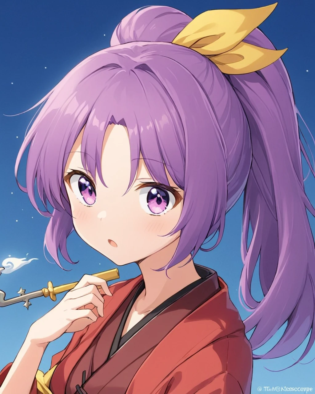 komakusa sannyo,1girl, smoke, ponytail, solo, yellow_ribbon, hair_ribbon, open_mouth, red_kimono, holding, looking_at_viewer, kiseru, twitter_username, blue_background, upper_body, robe
<lora:komakusa_sannyo_image421_2023-12-20:1>,star-shaped_pupils,symbol-shaped_pupils,. gorgeous,key visual, vibrant, studio anime,award-winning, professional, highly detailed,high budget, cinemascope