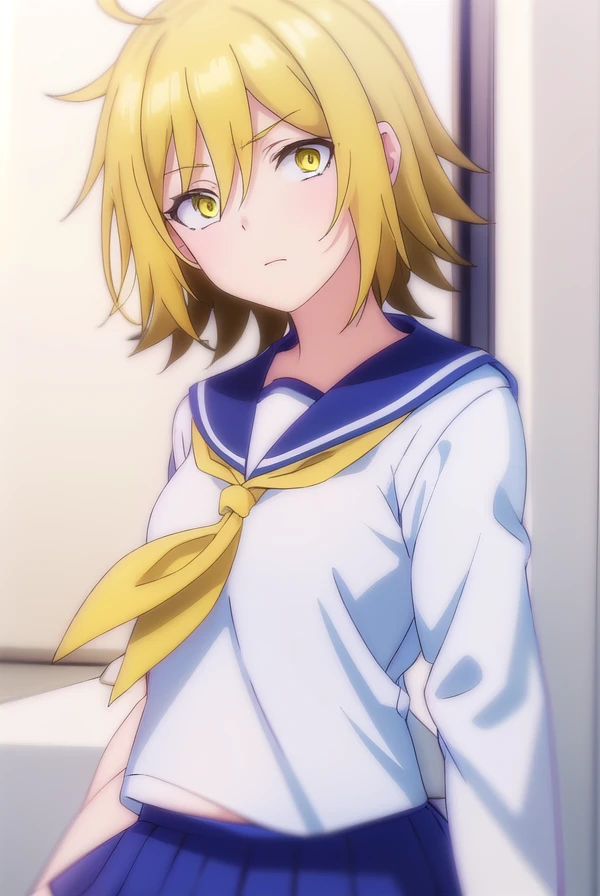 uraraurakata, <lora:urara urakata s1-lora-nochekaiser:1>,
urara urakata, short hair, blonde hair, ahoge, (yellow eyes:1.5),
BREAK skirt, school uniform, ahoge, pleated skirt, shoes, serafuku, socks, blue skirt, neckerchief, white socks,
BREAK indoors, classroom,
BREAK looking at viewer, (cowboy shot:1.5),
BREAK <lyco:GoodHands-beta2:1>, (masterpiece:1.2), best quality, high resolution, unity 8k wallpaper, (illustration:0.8), (beautiful detailed eyes:1.6), extremely detailed face, perfect lighting, extremely detailed CG, (perfect hands, perfect anatomy),
