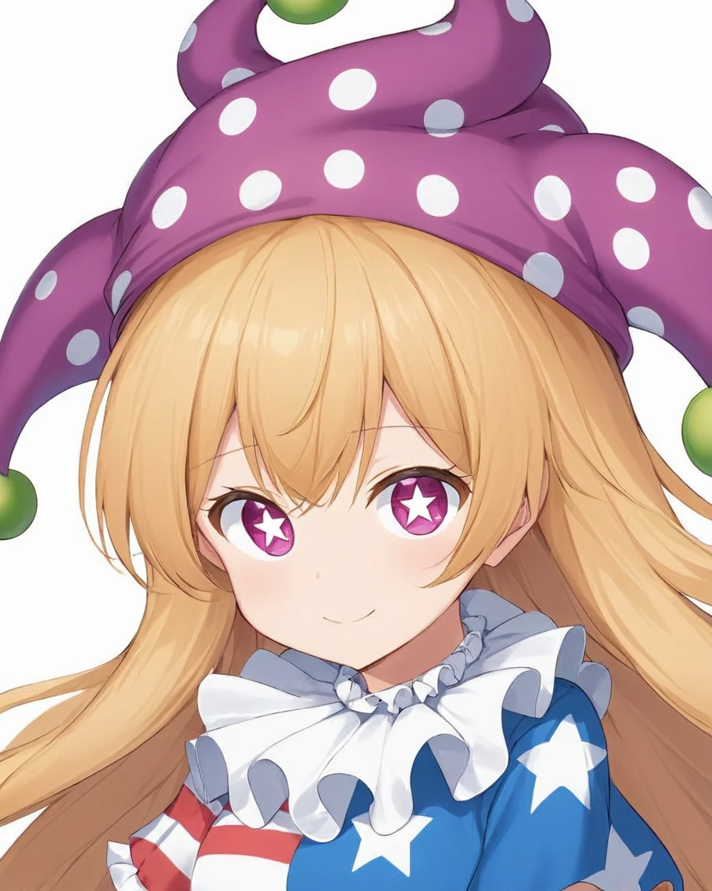 clownpiece,1girl, solo, jester_cap, spoken_heart, american_flag_dress, polka_dot, looking_at_viewer, neck_ruff, star_\(symbol\), smile, white_background, upper_body, simple_background, striped, frilled_shirt_collar, short_sleeves
<lora:clownpiece_image6545_2023-12-20:1>,star-shaped_pupils,symbol-shaped_pupils,. gorgeous,key visual, vibrant, studio anime,award-winning, professional, highly detailed,high budget, cinemascope