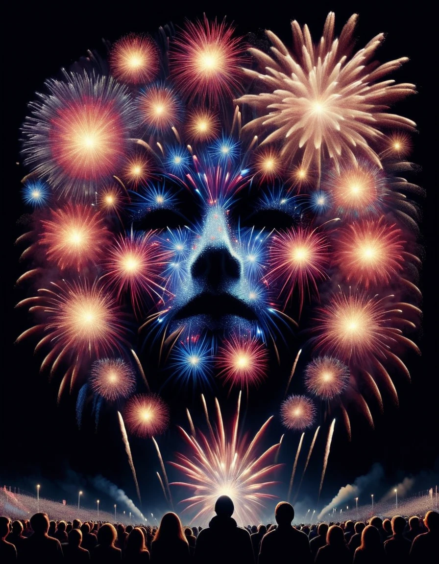 fireworkart, face made of fireworks, above silhouetted people