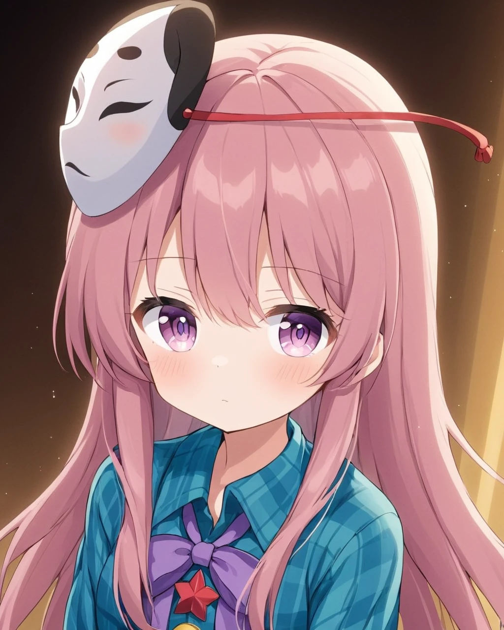 hata no kokoro,1girl, solo, plaid_shirt, closed_mouth, looking_at_viewer, collared_shirt, blush, portrait, blue_shirt, mask_on_head, bow, expressionless, aqua_shirt
<lora:hata_no_kokoro_image5070_2023-12-20:1>,star-shaped_pupils,symbol-shaped_pupils,. gorgeous,key visual, vibrant, studio anime,award-winning, professional, highly detailed,high budget, cinemascope