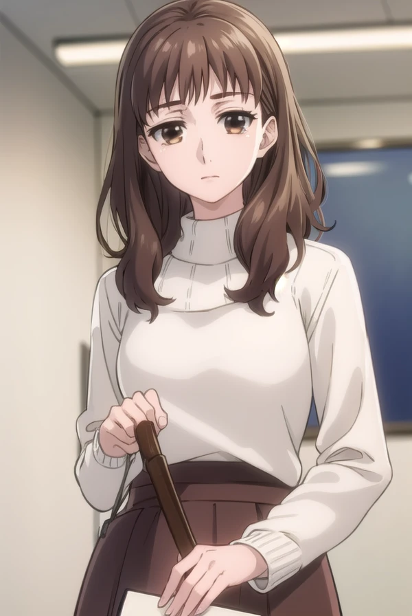 ariematsushima, <lora:arie matsushima s1-lora-nochekaiser:1>,
arie matsushima, long hair, brown hair, (brown eyes:1.5),
BREAK skirt, long sleeves, sweater, makeup, lipstick, long skirt, brown skirt, white sweater,
BREAK indoors, office,
BREAK looking at viewer, (cowboy shot:1.5),
BREAK <lyco:GoodHands-beta2:1>, (masterpiece:1.2), best quality, high resolution, unity 8k wallpaper, (illustration:0.8), (beautiful detailed eyes:1.6), extremely detailed face, perfect lighting, extremely detailed CG, (perfect hands, perfect anatomy),