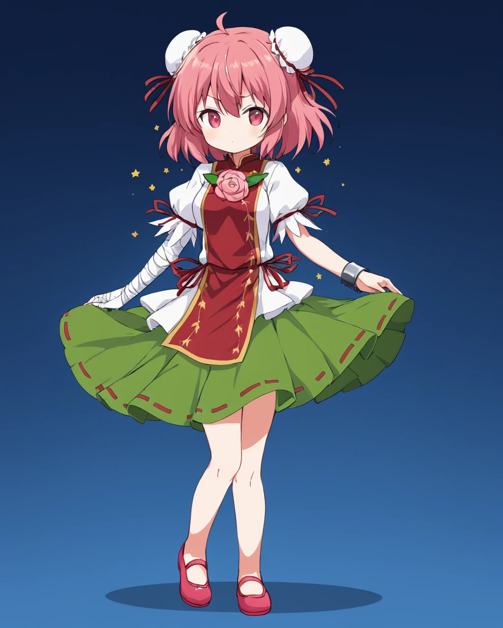 ibaraki kasen,1girl, solo, green_skirt, double_bun, tabard, blue_background, red_footwear, full_body, bandaged_arm, bun_cover, white_shirt, pink_rose, simple_background, v-shaped_eyebrows, red_ribbon, puffy_short_sleeves, looking_at_viewer, closed_mouth, standing, ribbon-trimmed_skirt, shackles, shoes
<lora:ibaraki_kasen_image2781_2023-12-20:1>,star-shaped_pupils,symbol-shaped_pupils,. gorgeous,key visual, vibrant, studio anime,award-winning, professional, highly detailed,high budget, cinemascope